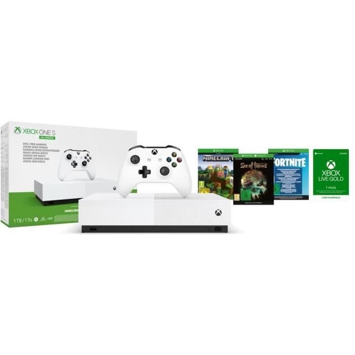 Xbox One S All Digital + 3 jeux dématérialisés : Fortnite, Sea of Thieves et Minecraft + 1 mois au Xbox Live Gold