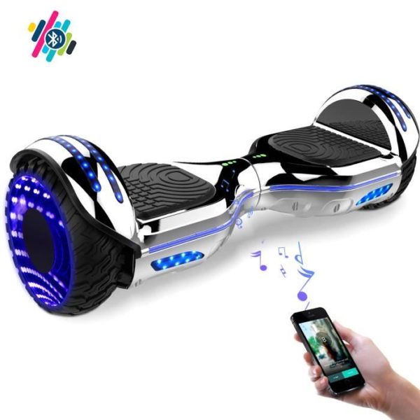 Scooter 2 Roues Auto-équilibre Gris Chrome Gyropode Bluetooth 6.5Pouces-700W-Roues LED-Pour Adulte et Enfant-Idée Cadeau